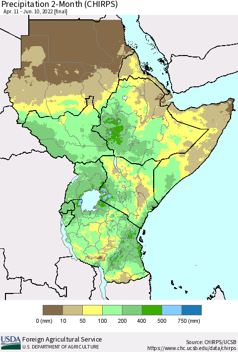 Eastern Africa Precipitation 2-Month (CHIRPS) Thematic Map For 4/11/2022 - 6/10/2022