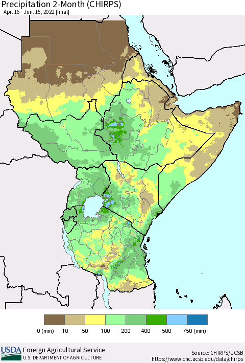 Eastern Africa Precipitation 2-Month (CHIRPS) Thematic Map For 4/16/2022 - 6/15/2022