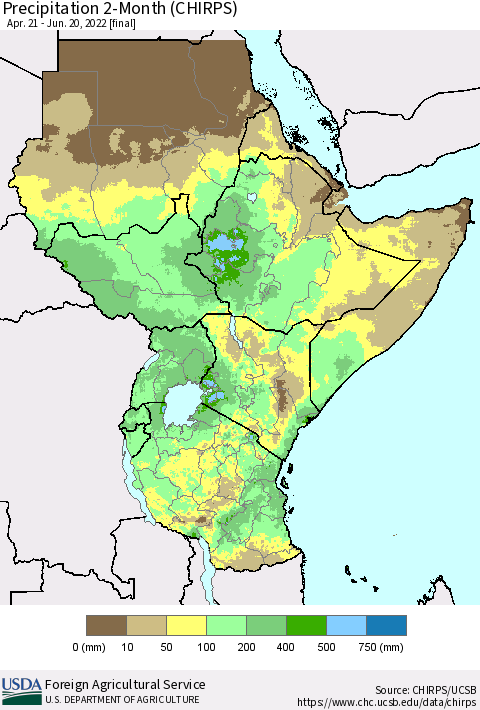 Eastern Africa Precipitation 2-Month (CHIRPS) Thematic Map For 4/21/2022 - 6/20/2022