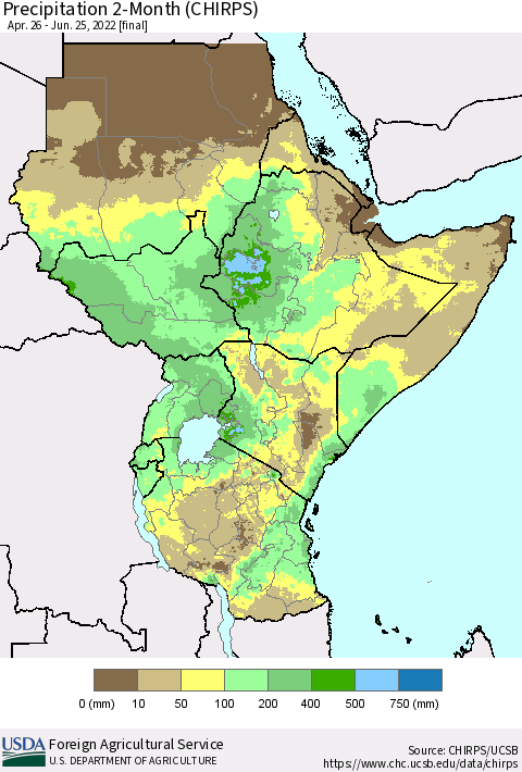 Eastern Africa Precipitation 2-Month (CHIRPS) Thematic Map For 4/26/2022 - 6/25/2022