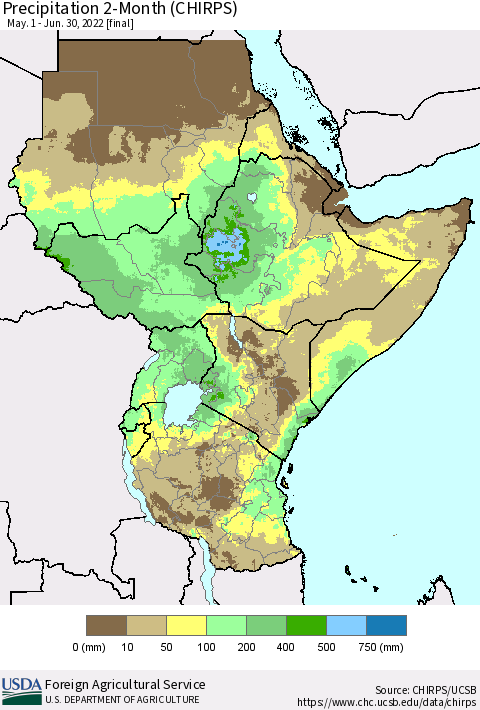 Eastern Africa Precipitation 2-Month (CHIRPS) Thematic Map For 5/1/2022 - 6/30/2022