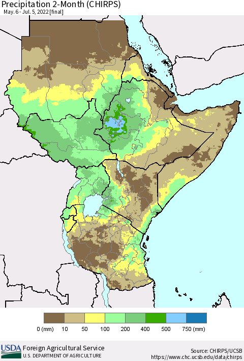Eastern Africa Precipitation 2-Month (CHIRPS) Thematic Map For 5/6/2022 - 7/5/2022