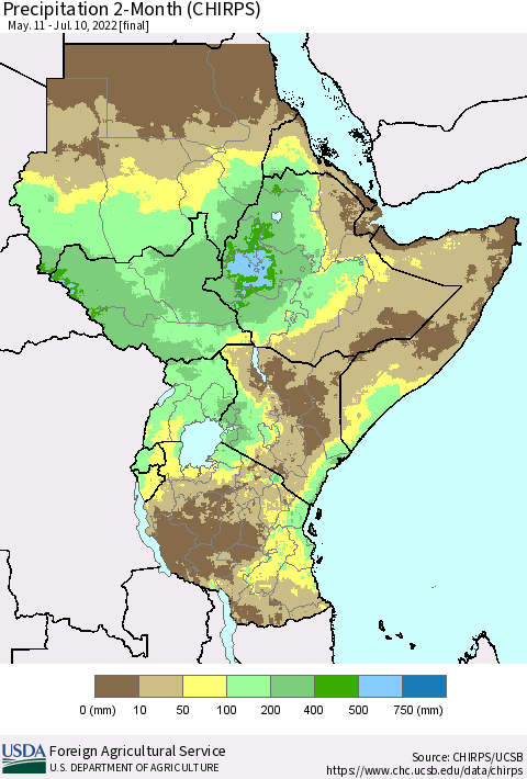 Eastern Africa Precipitation 2-Month (CHIRPS) Thematic Map For 5/11/2022 - 7/10/2022