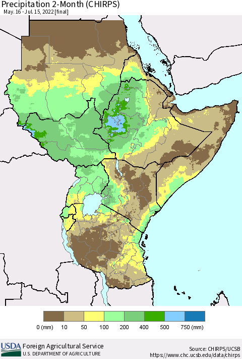 Eastern Africa Precipitation 2-Month (CHIRPS) Thematic Map For 5/16/2022 - 7/15/2022