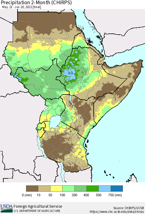 Eastern Africa Precipitation 2-Month (CHIRPS) Thematic Map For 5/21/2022 - 7/20/2022