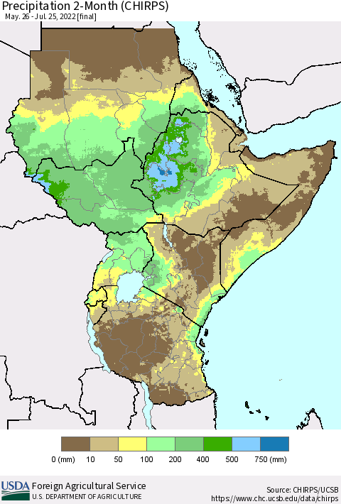 Eastern Africa Precipitation 2-Month (CHIRPS) Thematic Map For 5/26/2022 - 7/25/2022