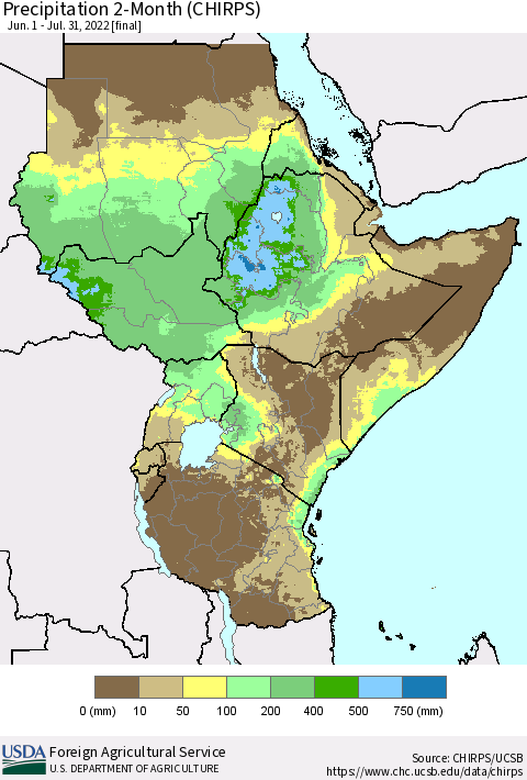 Eastern Africa Precipitation 2-Month (CHIRPS) Thematic Map For 6/1/2022 - 7/31/2022