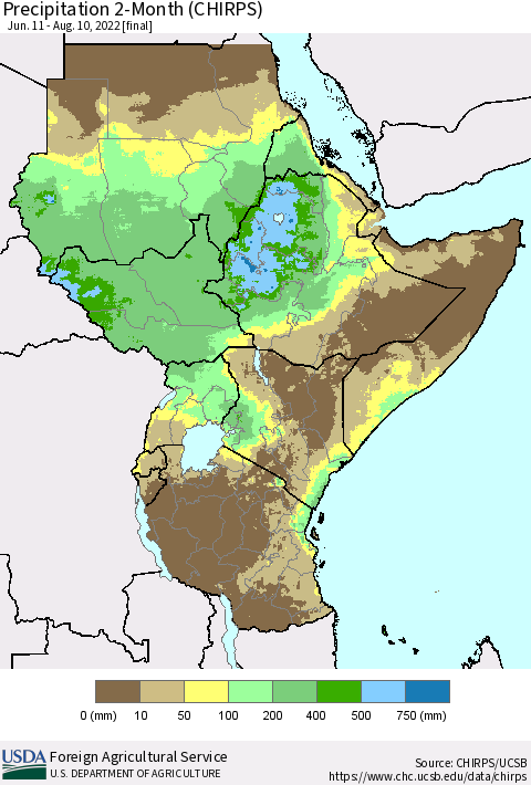 Eastern Africa Precipitation 2-Month (CHIRPS) Thematic Map For 6/11/2022 - 8/10/2022