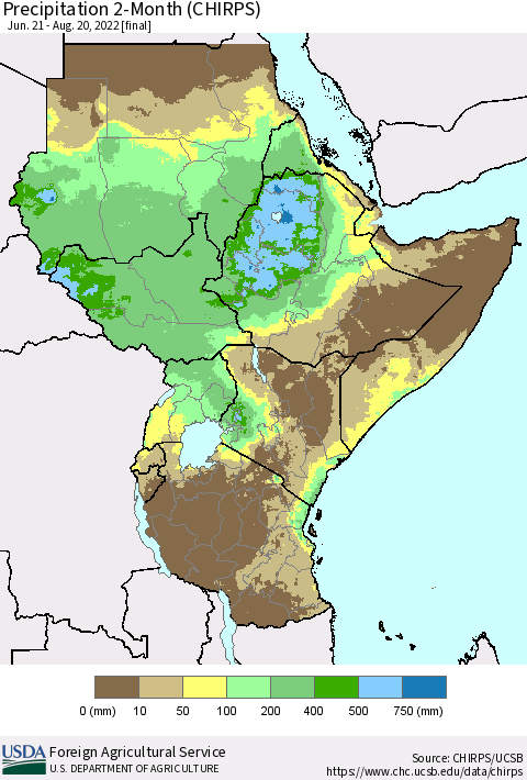 Eastern Africa Precipitation 2-Month (CHIRPS) Thematic Map For 6/21/2022 - 8/20/2022