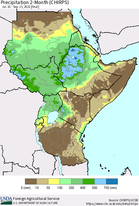 Eastern Africa Precipitation 2-Month (CHIRPS) Thematic Map For 7/16/2022 - 9/15/2022