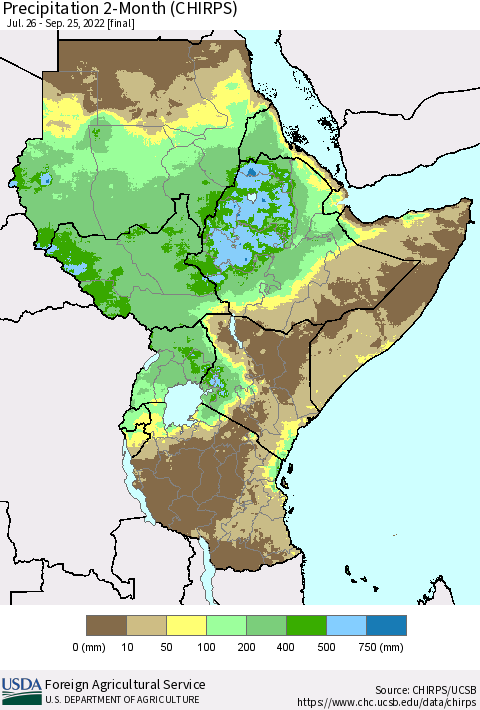 Eastern Africa Precipitation 2-Month (CHIRPS) Thematic Map For 7/26/2022 - 9/25/2022