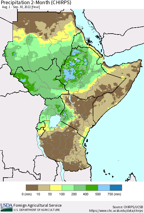 Eastern Africa Precipitation 2-Month (CHIRPS) Thematic Map For 8/1/2022 - 9/30/2022