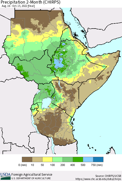 Eastern Africa Precipitation 2-Month (CHIRPS) Thematic Map For 8/16/2022 - 10/15/2022