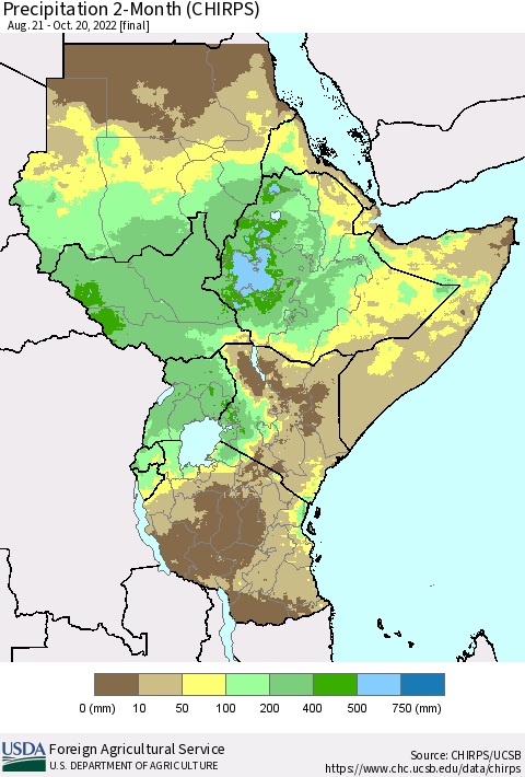 Eastern Africa Precipitation 2-Month (CHIRPS) Thematic Map For 8/21/2022 - 10/20/2022
