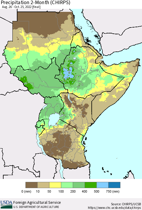 Eastern Africa Precipitation 2-Month (CHIRPS) Thematic Map For 8/26/2022 - 10/25/2022