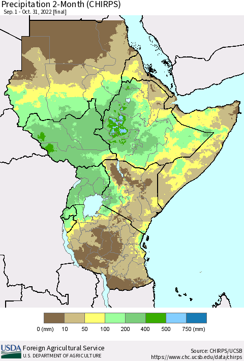 Eastern Africa Precipitation 2-Month (CHIRPS) Thematic Map For 9/1/2022 - 10/31/2022