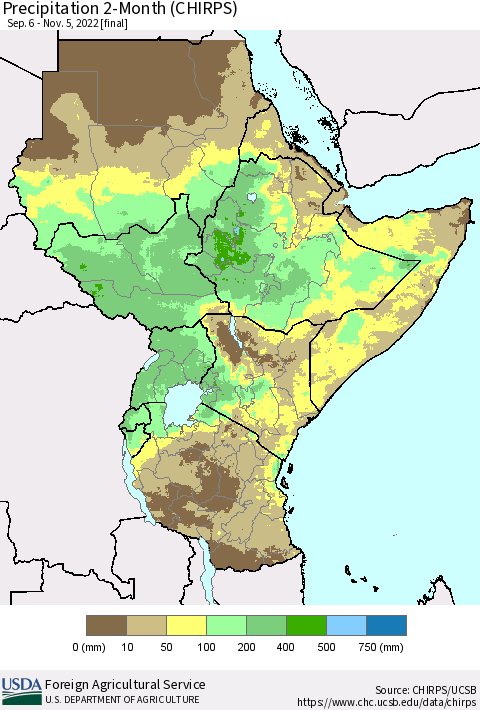 Eastern Africa Precipitation 2-Month (CHIRPS) Thematic Map For 9/6/2022 - 11/5/2022