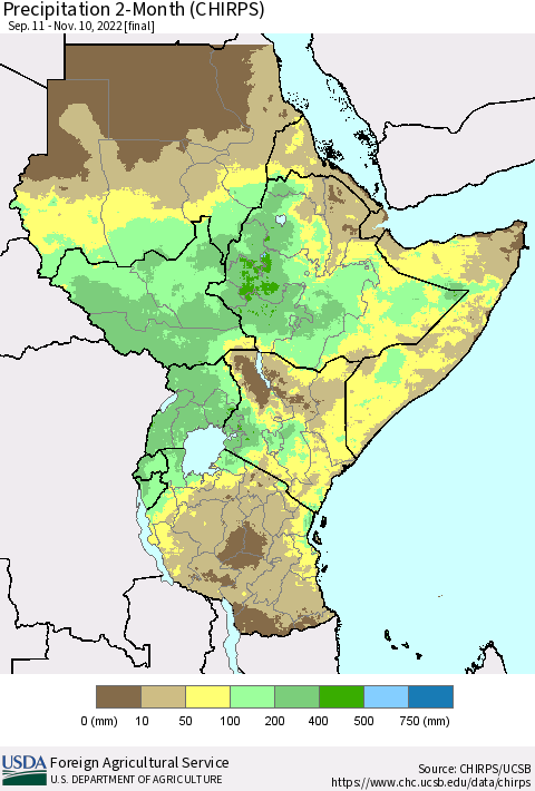 Eastern Africa Precipitation 2-Month (CHIRPS) Thematic Map For 9/11/2022 - 11/10/2022