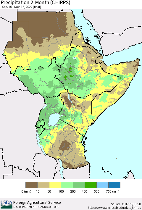 Eastern Africa Precipitation 2-Month (CHIRPS) Thematic Map For 9/16/2022 - 11/15/2022