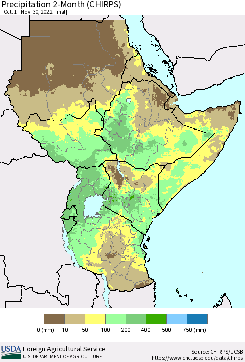 Eastern Africa Precipitation 2-Month (CHIRPS) Thematic Map For 10/1/2022 - 11/30/2022