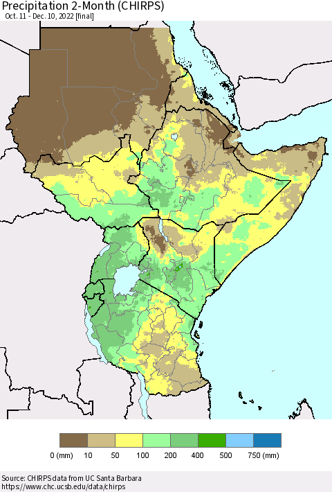 Eastern Africa Precipitation 2-Month (CHIRPS) Thematic Map For 10/11/2022 - 12/10/2022