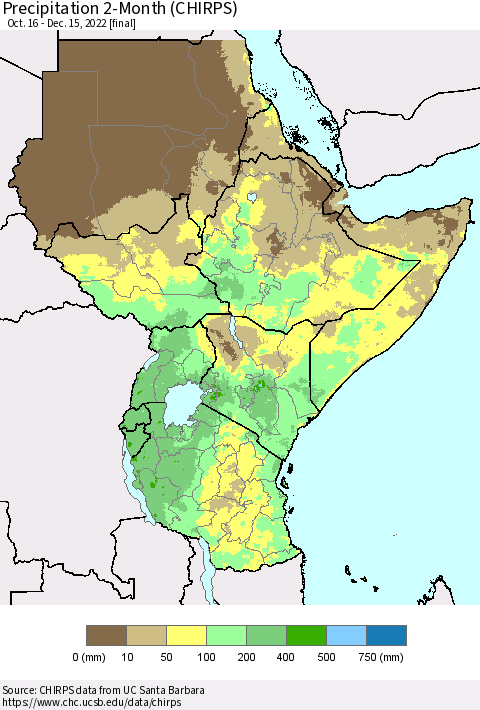 Eastern Africa Precipitation 2-Month (CHIRPS) Thematic Map For 10/16/2022 - 12/15/2022