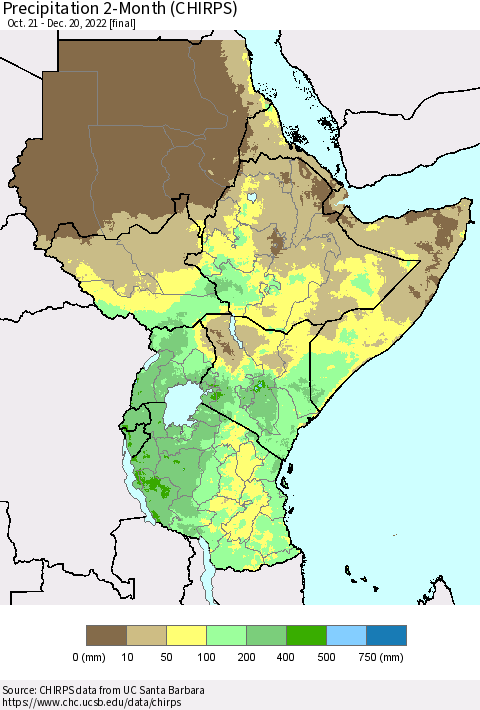 Eastern Africa Precipitation 2-Month (CHIRPS) Thematic Map For 10/21/2022 - 12/20/2022