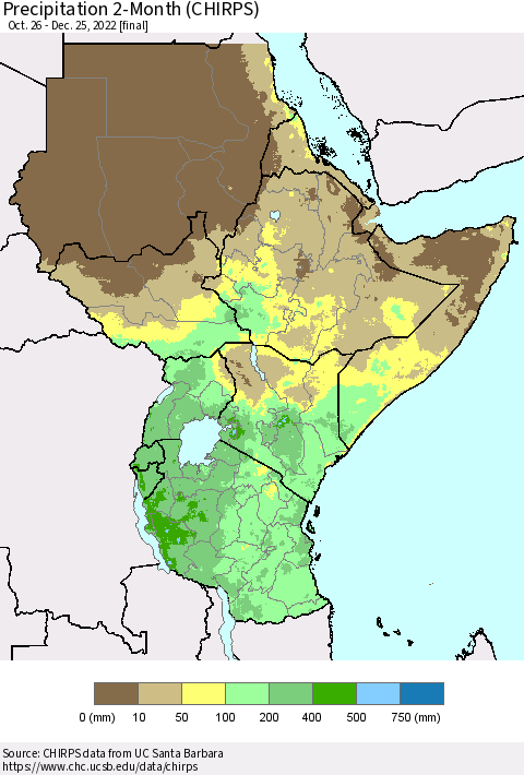 Eastern Africa Precipitation 2-Month (CHIRPS) Thematic Map For 10/26/2022 - 12/25/2022