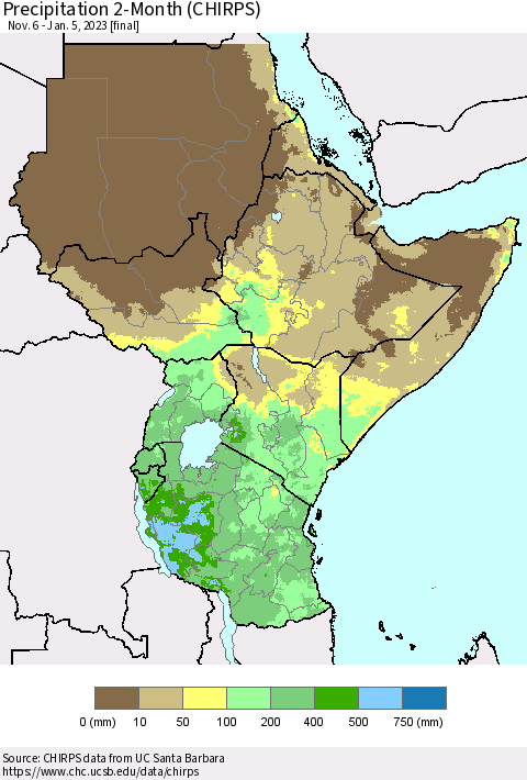 Eastern Africa Precipitation 2-Month (CHIRPS) Thematic Map For 11/6/2022 - 1/5/2023