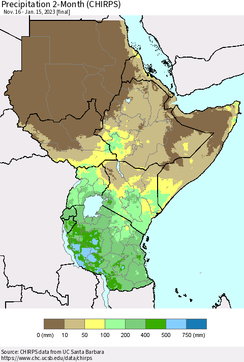 Eastern Africa Precipitation 2-Month (CHIRPS) Thematic Map For 11/16/2022 - 1/15/2023