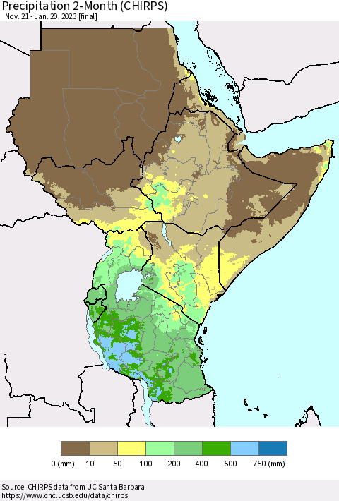 Eastern Africa Precipitation 2-Month (CHIRPS) Thematic Map For 11/21/2022 - 1/20/2023