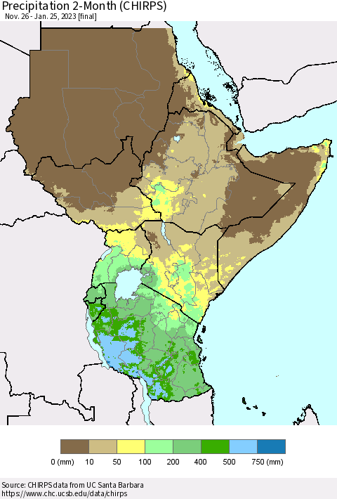Eastern Africa Precipitation 2-Month (CHIRPS) Thematic Map For 11/26/2022 - 1/25/2023