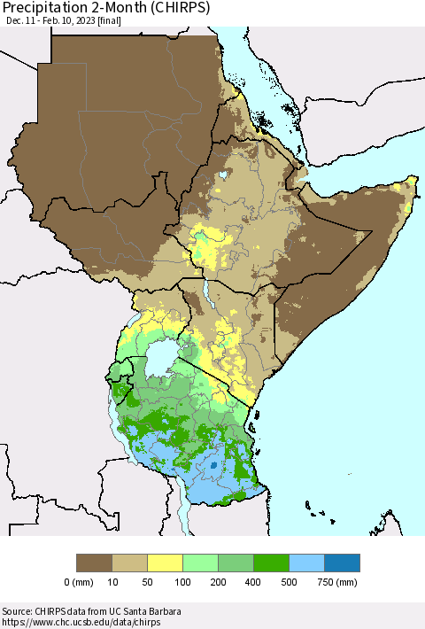 Eastern Africa Precipitation 2-Month (CHIRPS) Thematic Map For 12/11/2022 - 2/10/2023