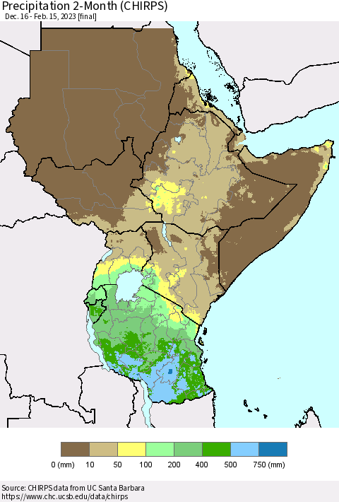 Eastern Africa Precipitation 2-Month (CHIRPS) Thematic Map For 12/16/2022 - 2/15/2023