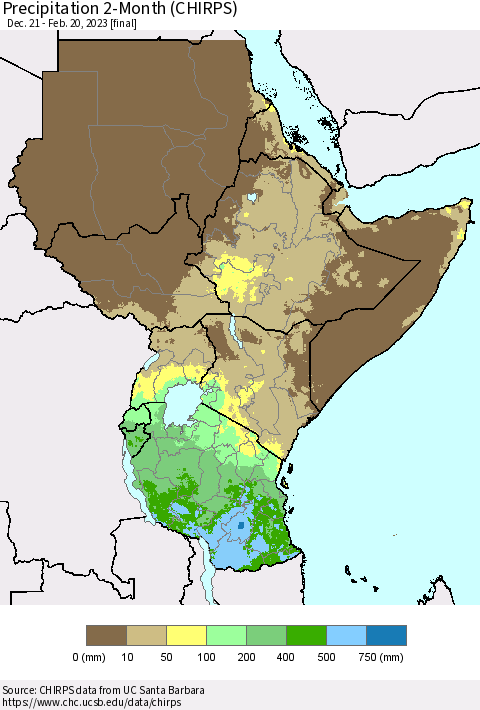 Eastern Africa Precipitation 2-Month (CHIRPS) Thematic Map For 12/21/2022 - 2/20/2023
