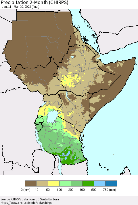 Eastern Africa Precipitation 2-Month (CHIRPS) Thematic Map For 1/11/2023 - 3/10/2023