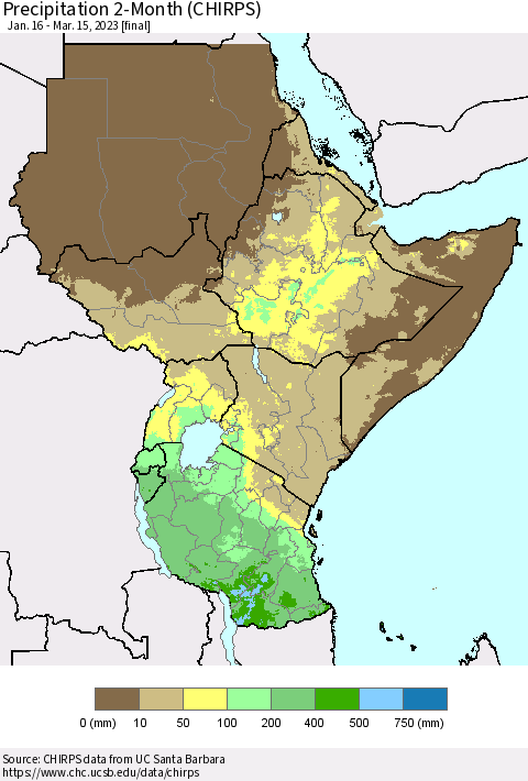 Eastern Africa Precipitation 2-Month (CHIRPS) Thematic Map For 1/16/2023 - 3/15/2023