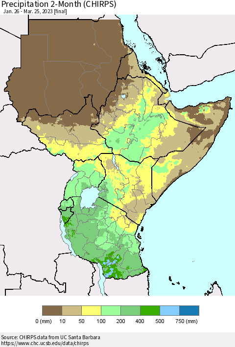 Eastern Africa Precipitation 2-Month (CHIRPS) Thematic Map For 1/26/2023 - 3/25/2023