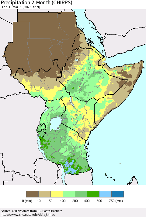 Eastern Africa Precipitation 2-Month (CHIRPS) Thematic Map For 2/1/2023 - 3/31/2023