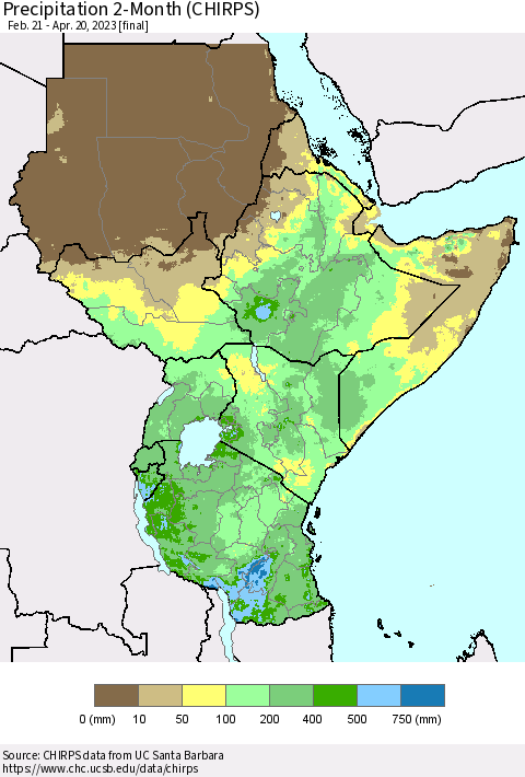 Eastern Africa Precipitation 2-Month (CHIRPS) Thematic Map For 2/21/2023 - 4/20/2023