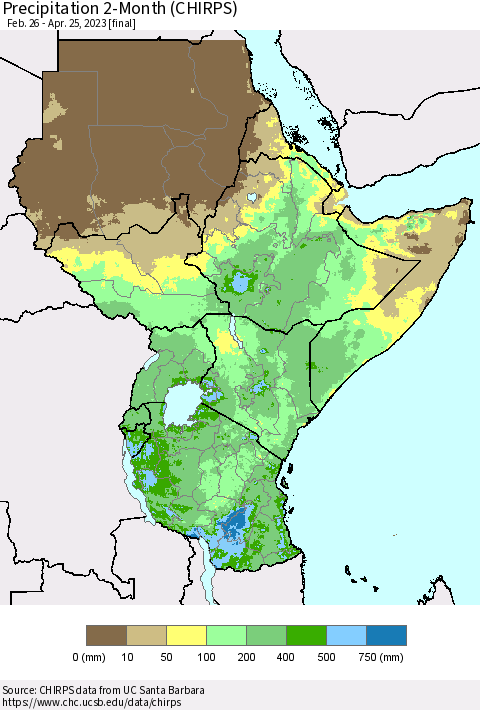 Eastern Africa Precipitation 2-Month (CHIRPS) Thematic Map For 2/26/2023 - 4/25/2023
