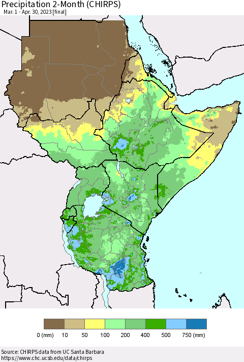Eastern Africa Precipitation 2-Month (CHIRPS) Thematic Map For 3/1/2023 - 4/30/2023