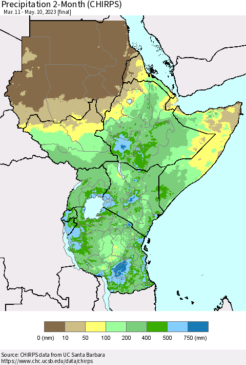 Eastern Africa Precipitation 2-Month (CHIRPS) Thematic Map For 3/11/2023 - 5/10/2023