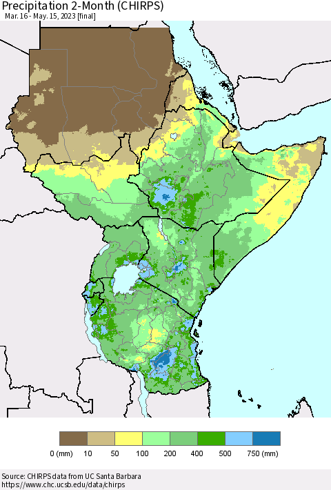 Eastern Africa Precipitation 2-Month (CHIRPS) Thematic Map For 3/16/2023 - 5/15/2023