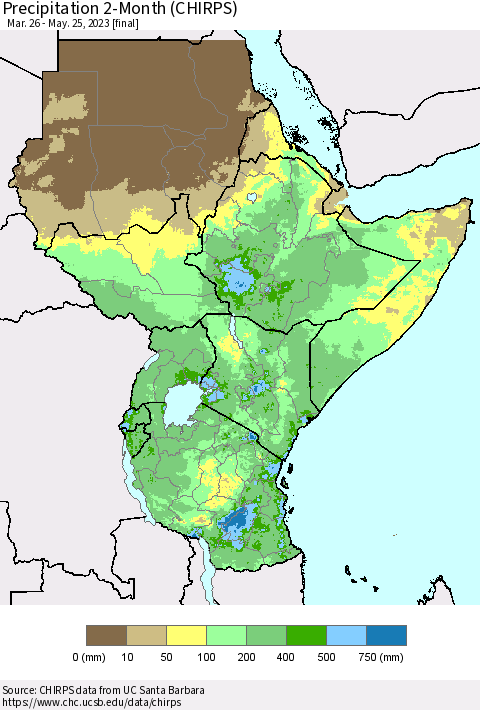 Eastern Africa Precipitation 2-Month (CHIRPS) Thematic Map For 3/26/2023 - 5/25/2023