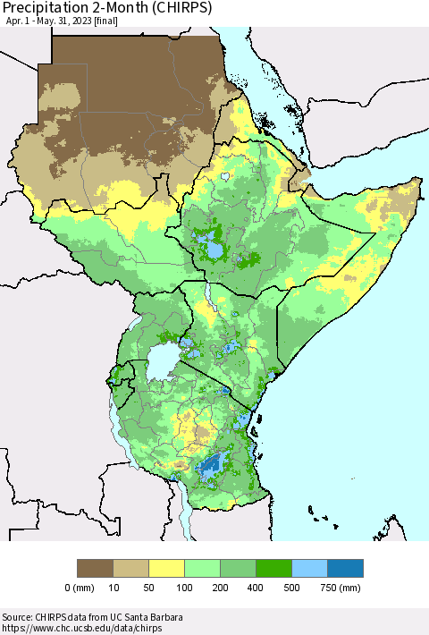 Eastern Africa Precipitation 2-Month (CHIRPS) Thematic Map For 4/1/2023 - 5/31/2023