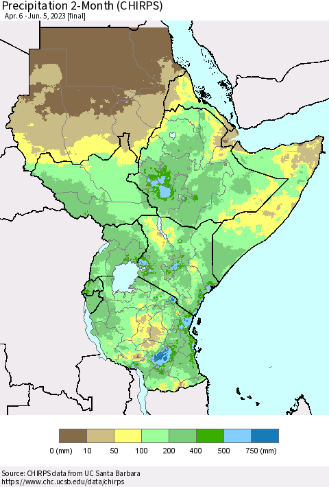 Eastern Africa Precipitation 2-Month (CHIRPS) Thematic Map For 4/6/2023 - 6/5/2023