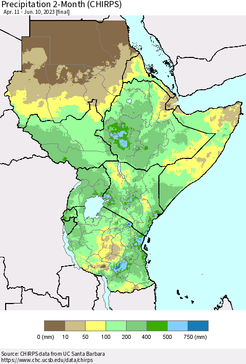 Eastern Africa Precipitation 2-Month (CHIRPS) Thematic Map For 4/11/2023 - 6/10/2023