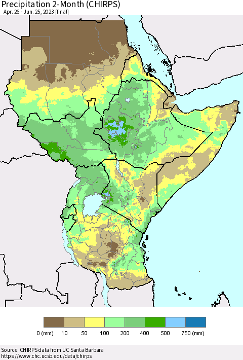 Eastern Africa Precipitation 2-Month (CHIRPS) Thematic Map For 4/26/2023 - 6/25/2023