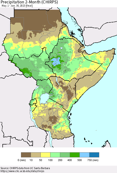 Eastern Africa Precipitation 2-Month (CHIRPS) Thematic Map For 5/1/2023 - 6/30/2023